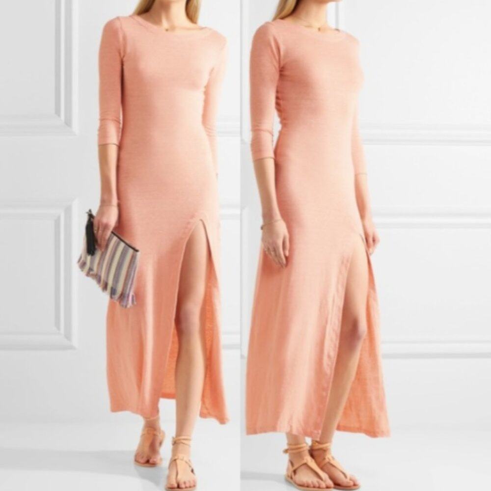 SOLID & STRIPED The Long Slit Linen Dress in Nude Peach